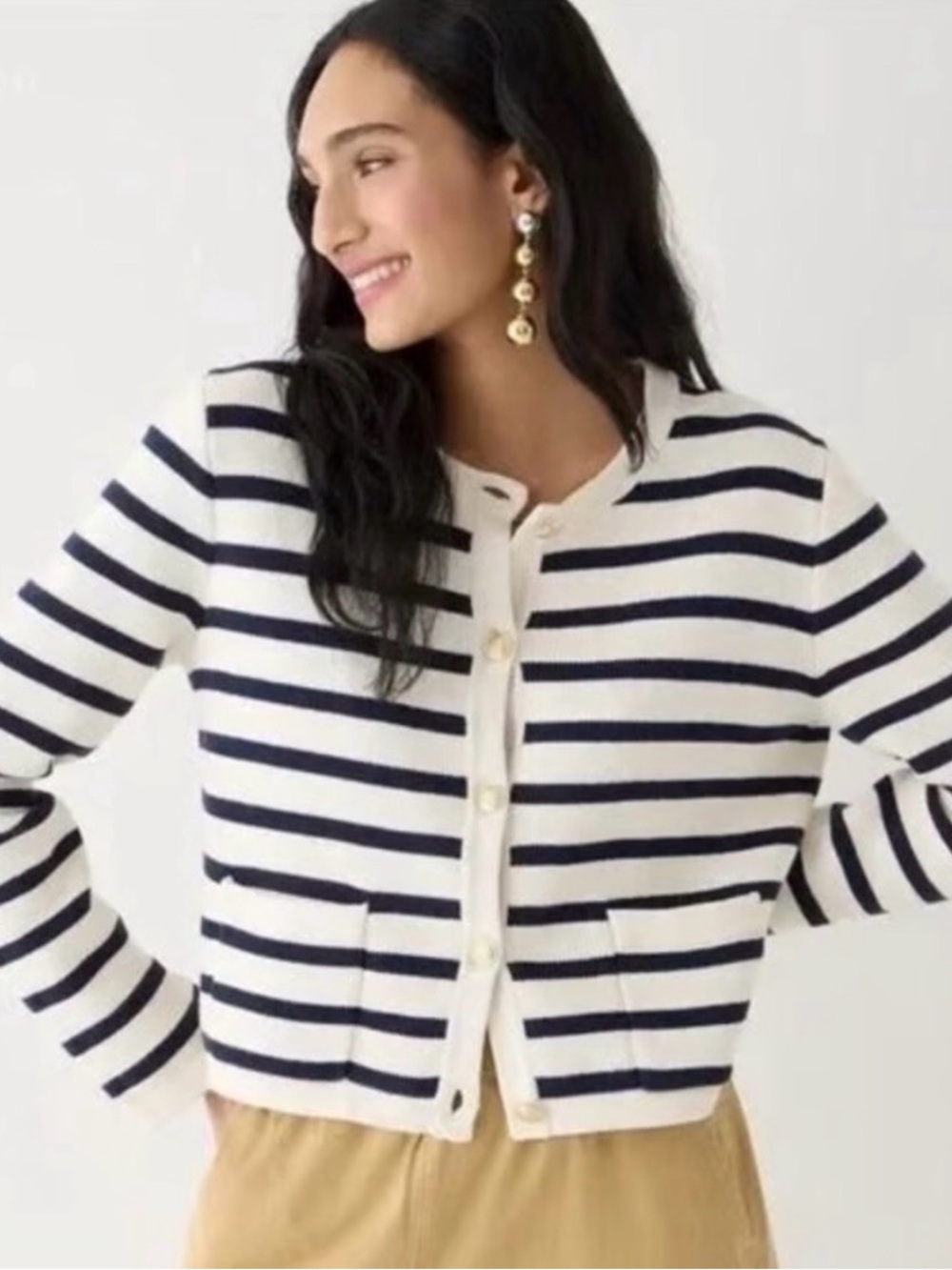 J. Crew Cream and Navy Striped Button-Front Cardigan